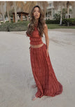 “2-Piece Women’s Summer Dress Set – Sexy Sleeveless Backless Cropped Halter Top & Pleated Long Skirt”