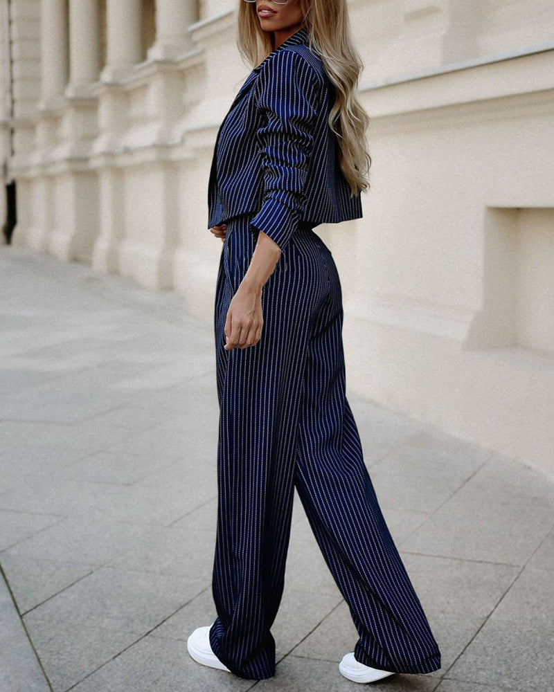 “Women’s Spring Striped Suit Set – Casual Lapel Cropped Top & Straight Pants Outfit”