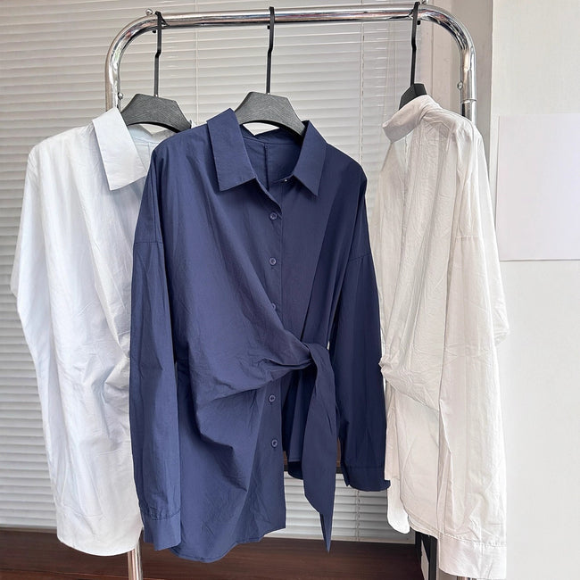 Solid Turn-Down Collar Single Breasted Tie Waist Slim Fit Shirt