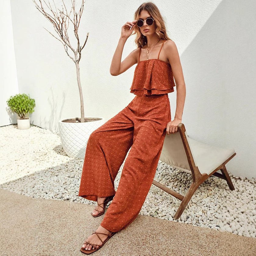 Women’s 2-Piece Casual Chic Outfit – Cropped Vest Ruffled Top & Wide-Leg Pants Set