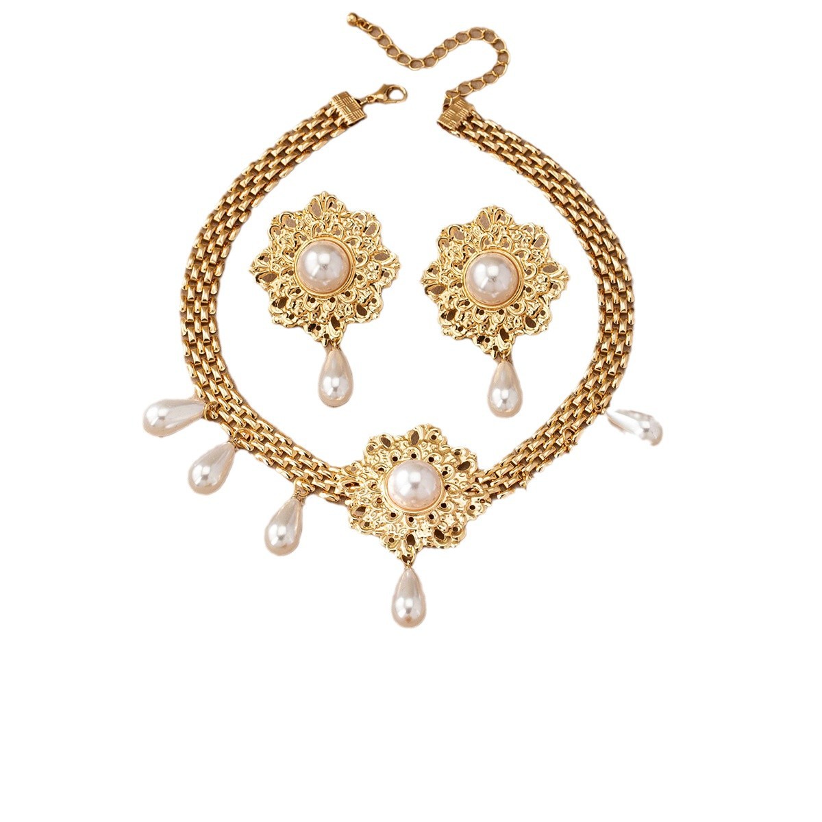 Flower Pearl Tassel Necklace Ear Stud Ring