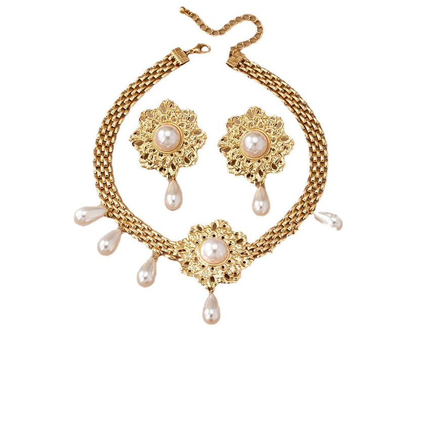 Flower Pearl Tassel Necklace Ear Stud Ring