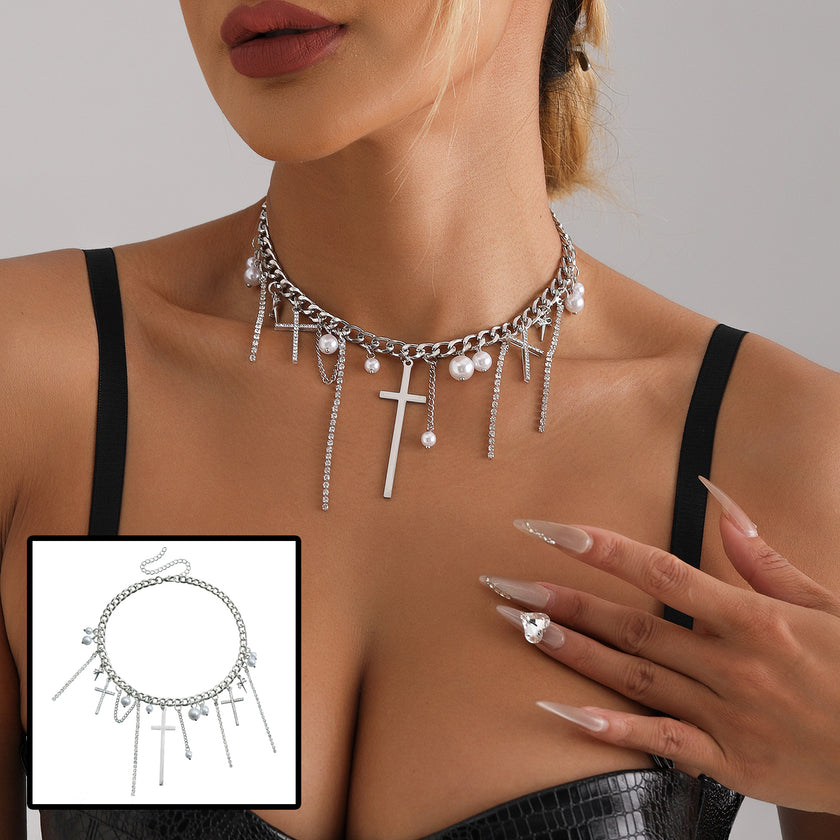Cross Tassel Pearl Collarbone Chain