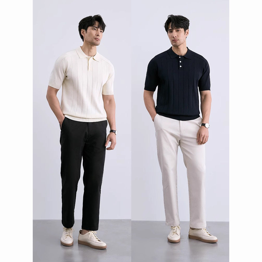 Men’s Ice Silk Striped Knit Shirt – Slim Fit Short Sleeve Summer Top