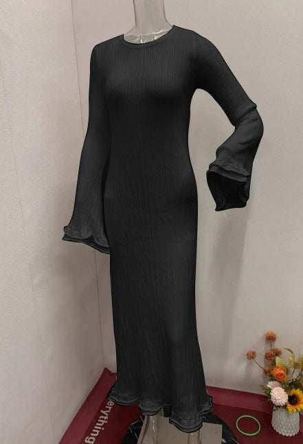 Round Neck Long Sleeve Slim Fit Stringy Selvedge Dress