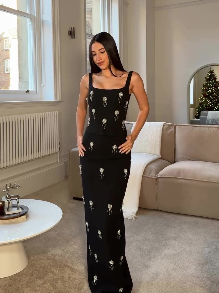 Black Two-piece Beaded Zipper Top & Skirt Set