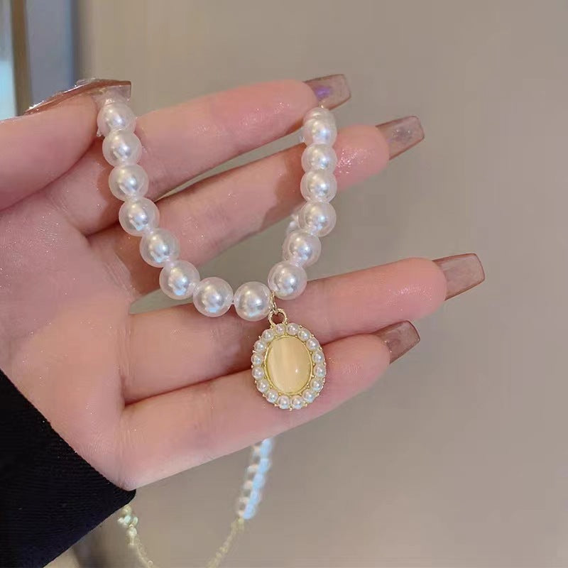 French Retro Cat Eye Stone Pearl Necklace Earring Set