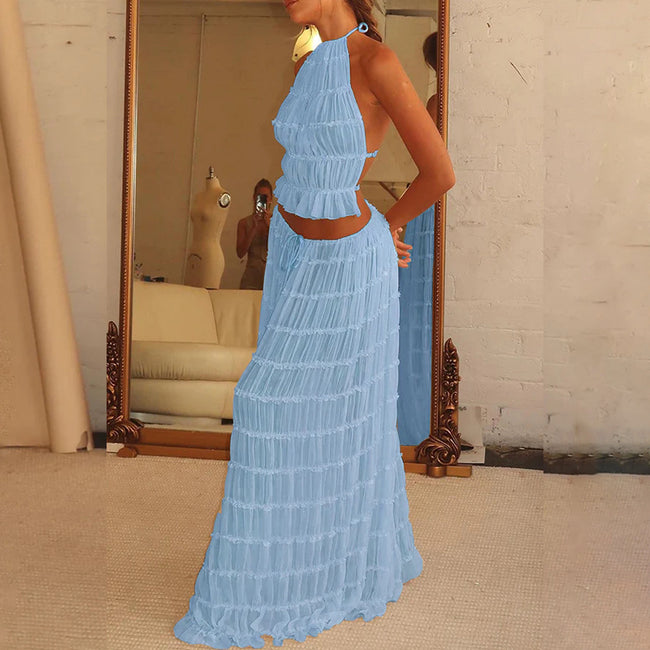 “2-Piece Women’s Summer Dress Set – Sexy Sleeveless Backless Cropped Halter Top & Pleated Long Skirt”