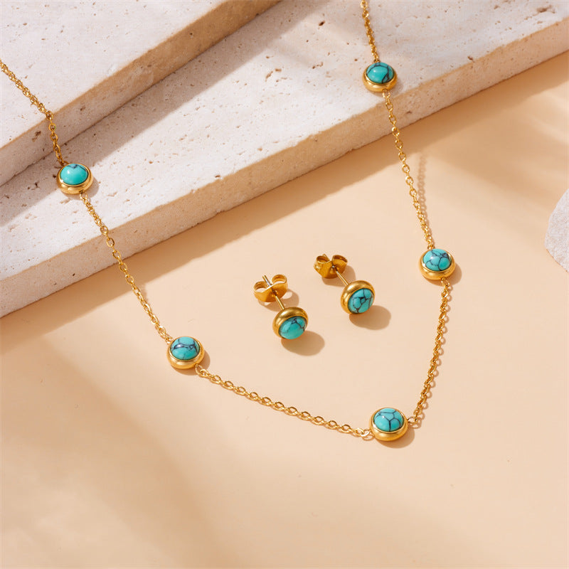 Retro Turquoise Blue Stainless Steel Jewelry Set
