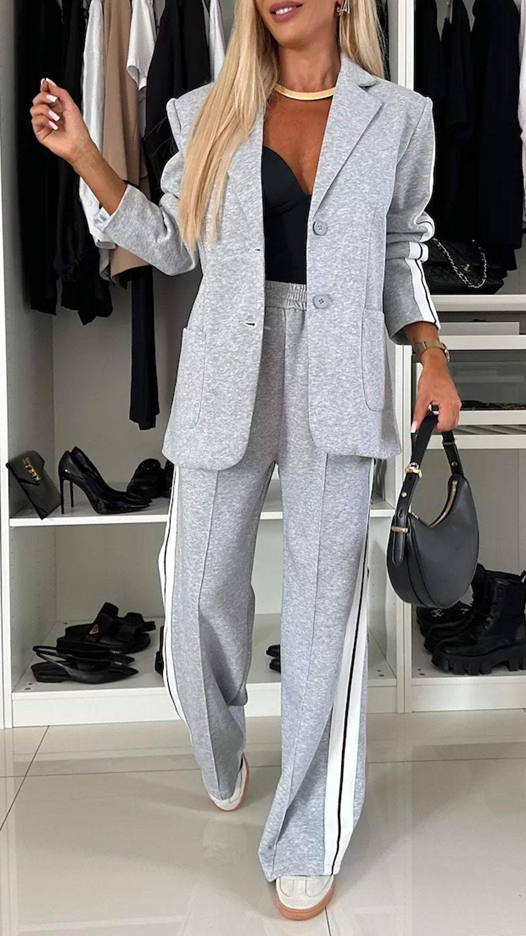 Women’s Lapel Single-Breasted Blazer & Striped Straight Leg Pants Set – Casual 2 Piece Suit Office Fashion Outfit