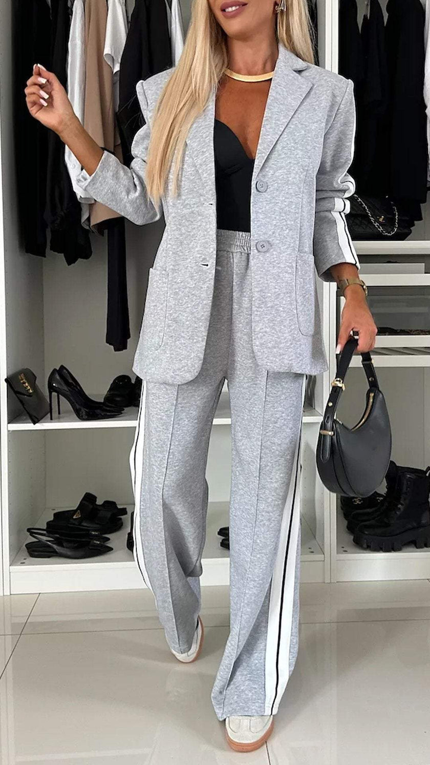 Women’s Lapel Single-Breasted Blazer & Striped Straight Leg Pants Set – Casual 2 Piece Suit Office Fashion Outfit