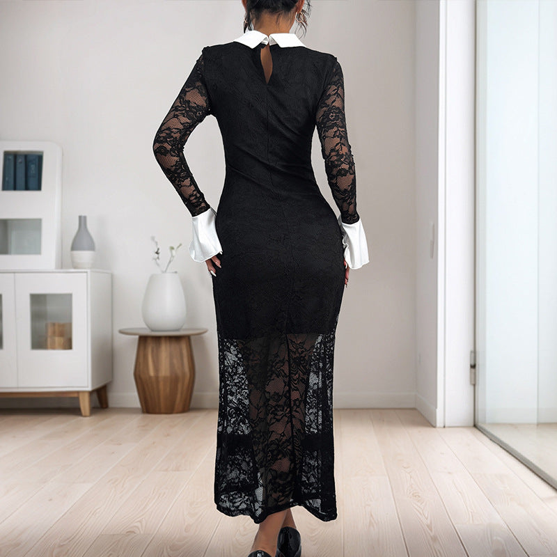 Elegant Lace Long Sleeve Lapel Color  Dress