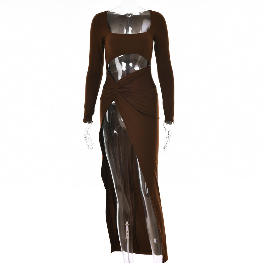 Women’s Long Sleeve Hollow U-Neck Split Party Dress