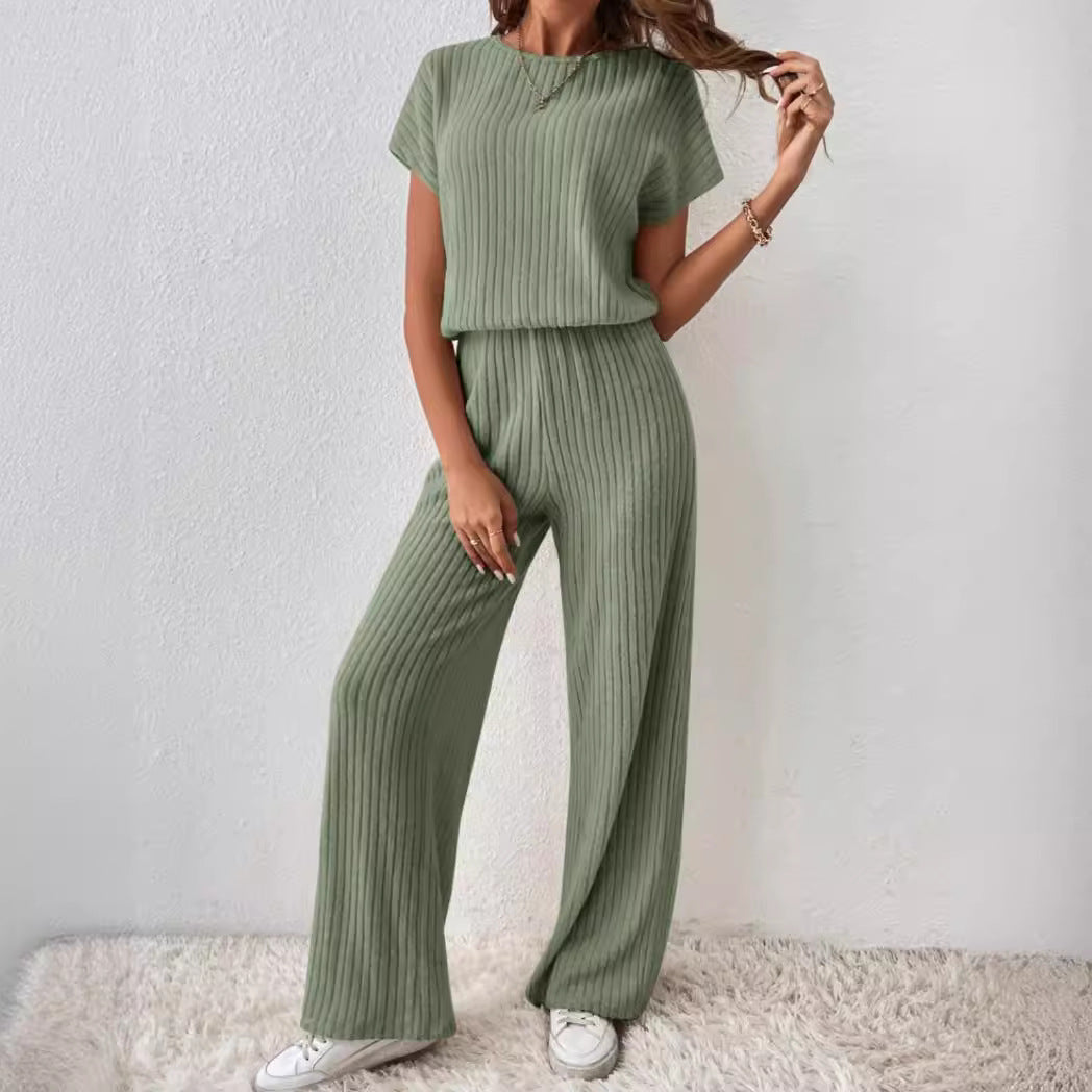 “Women’s Knitted Two-Piece Set – Loose Wide-Leg Pants & Matching Top”