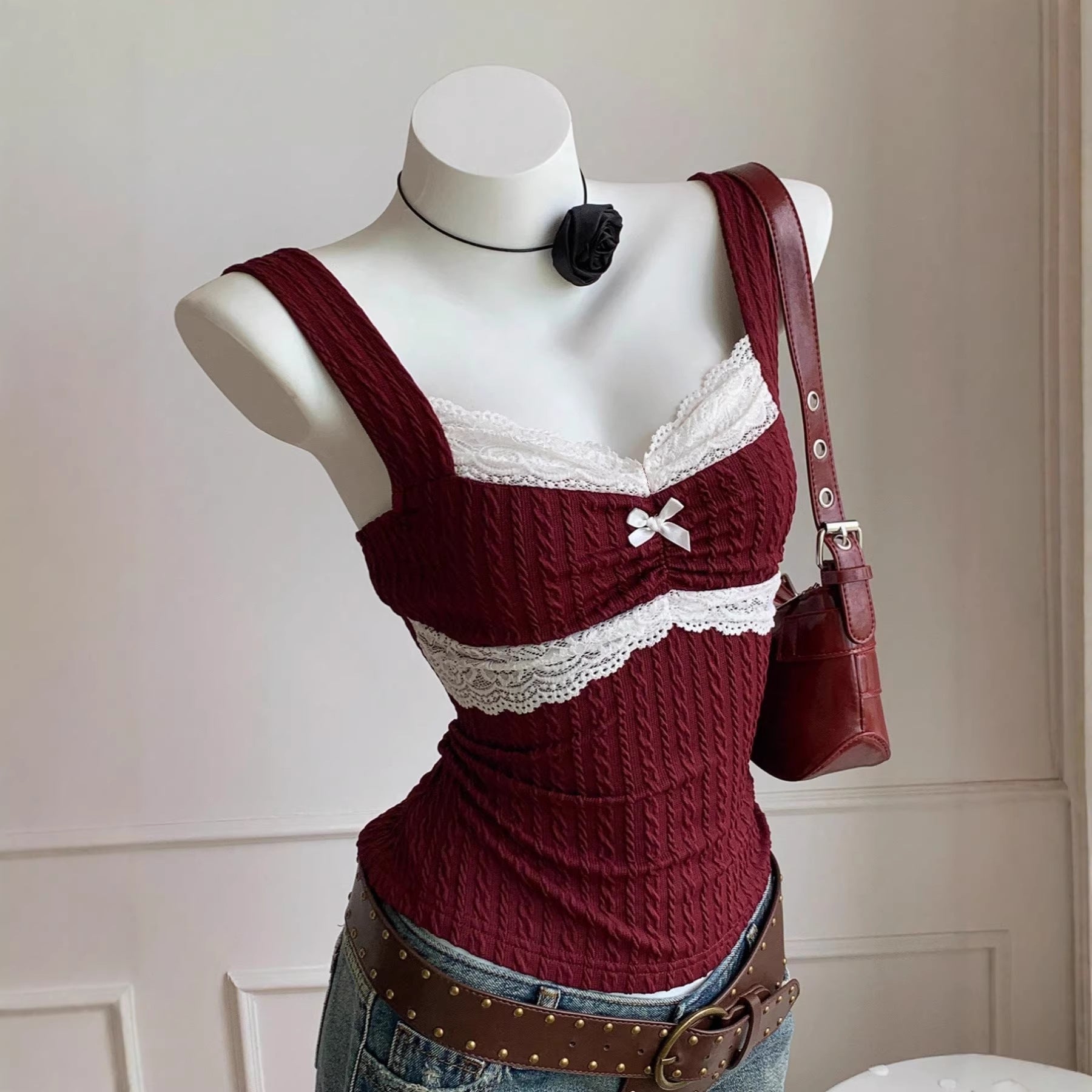 Women’s Lace Trim Bow Vest Top – Slim Fit Waistcoat Style
