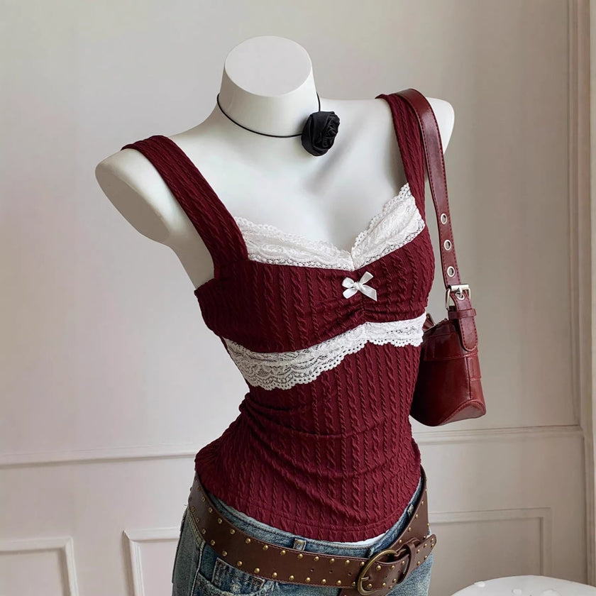 Women’s Lace Trim Bow Vest Top – Slim Fit Waistcoat Style