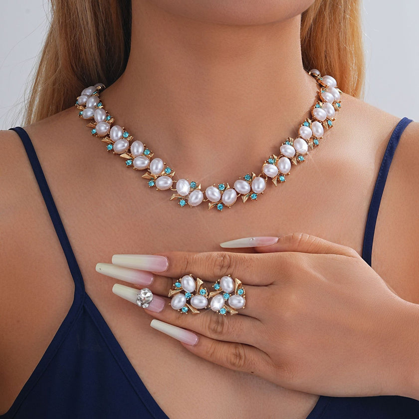 Turquoise Pearl Necklace And Earrings Suite