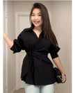 Solid Turn-Down Collar Single Breasted Tie Waist Slim Fit Shirt
