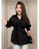 Solid Turn-Down Collar Single Breasted Tie Waist Slim Fit Shirt
