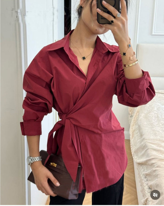 Solid Turn-Down Collar Single Breasted Tie Waist Slim Fit Shirt