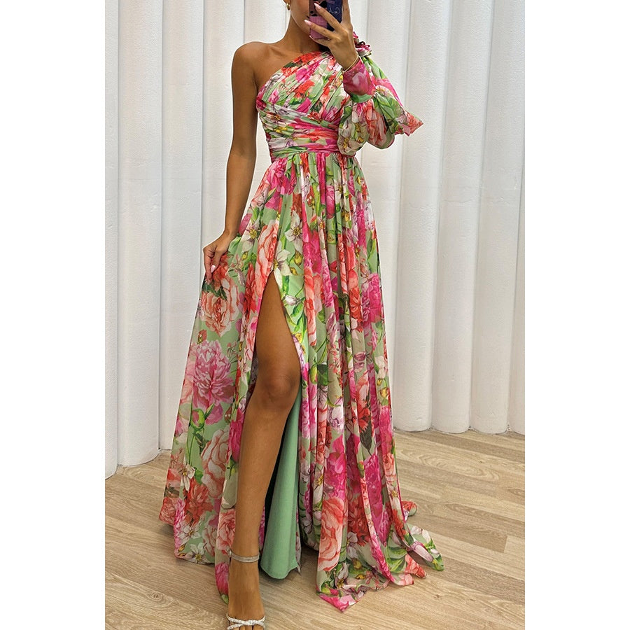 Floral Print One Shoulder Split Maxi Dress – Sexy Long Sleeve Summer Beach Vacation Dress for Womenn