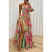 Floral Print One Shoulder Split Maxi Dress – Sexy Long Sleeve Summer Beach Vacation Dress for Womenn