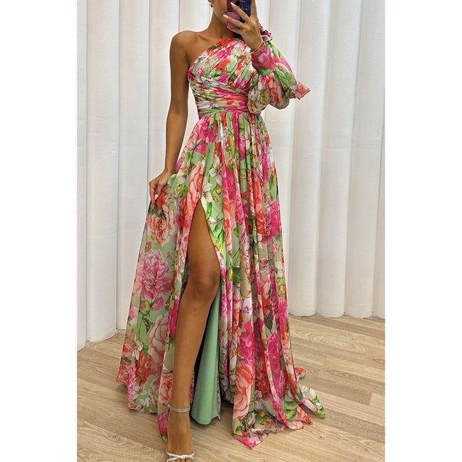 Floral Print One Shoulder Split Maxi Dress – Sexy Long Sleeve Summer Beach Vacation Dress for Womenn