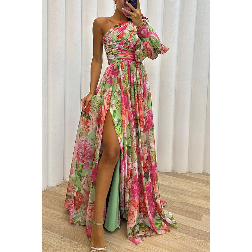 Floral Print One Shoulder Split Maxi Dress – Sexy Long Sleeve Summer Beach Vacation Dress for Womenn