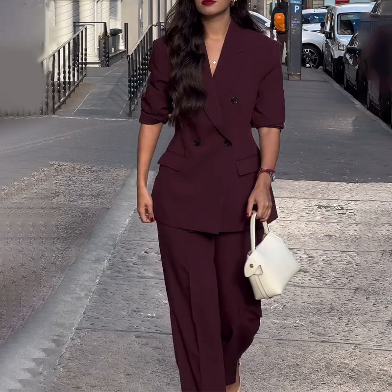 Women’s Stylish V-Neck Blazer Suit – Elegant 2-Piece Office Outfit