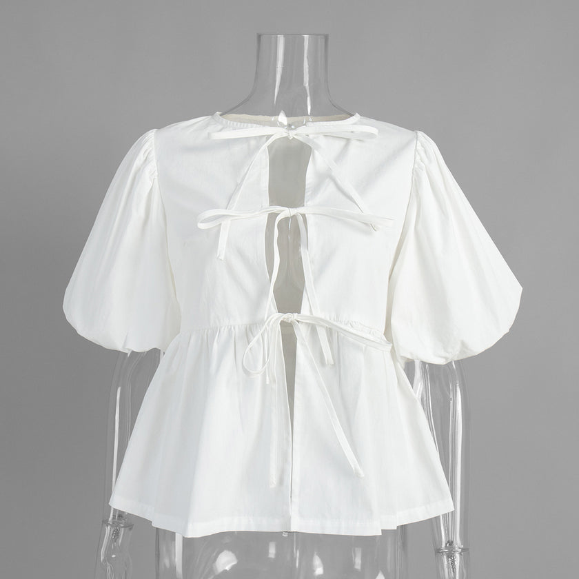 Cotton Lace Up Round Neck Loose Short Sleeved Top