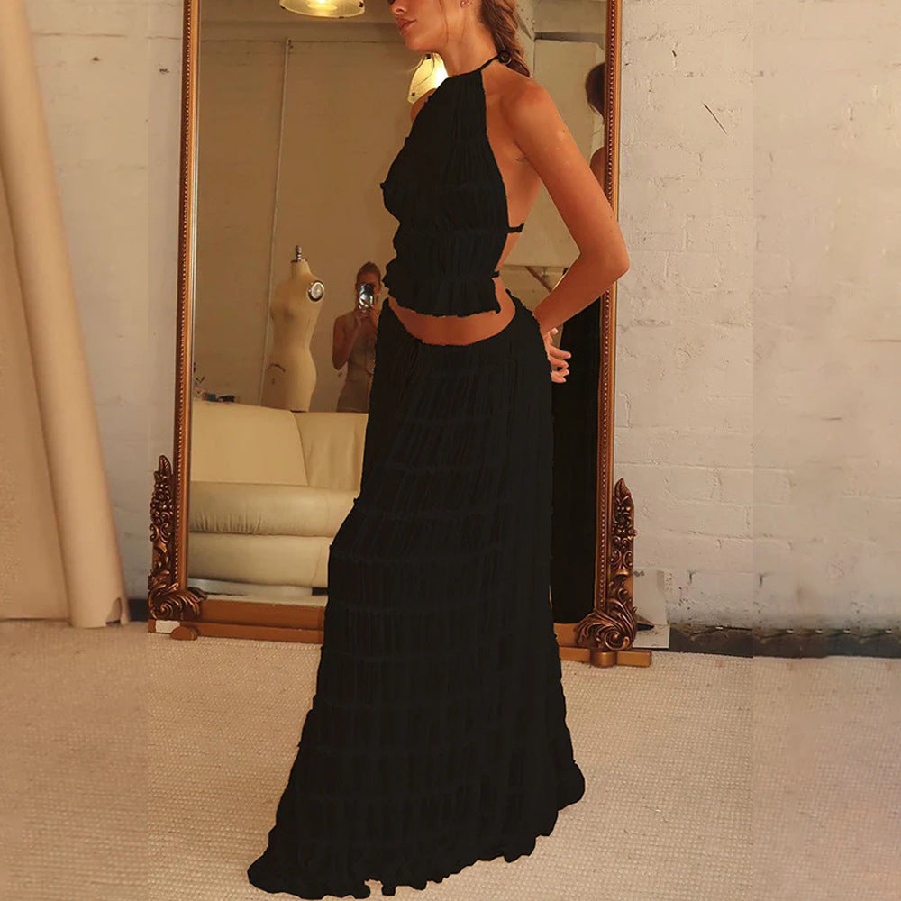 “2-Piece Women’s Summer Dress Set – Sexy Sleeveless Backless Cropped Halter Top & Pleated Long Skirt”