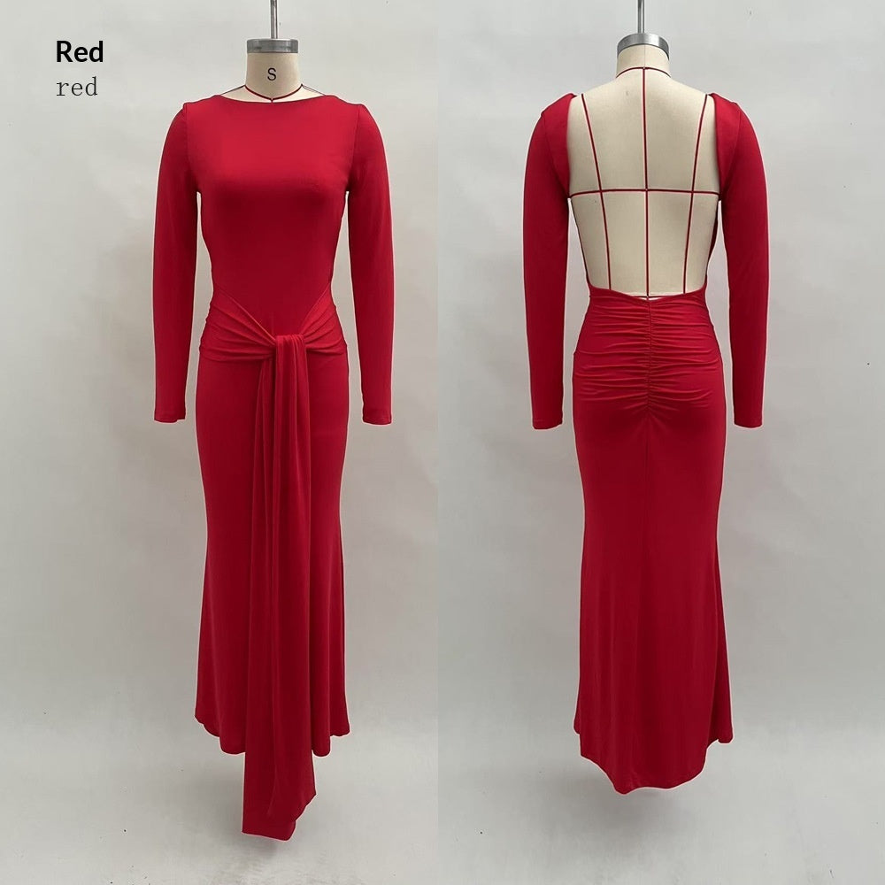 Solid Color Backless Dress for Women – Elegant Long Sleeve Autumn Slim Fit Dress