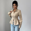 Womens Solid-Color Elegant Buttoned Waist-Cinched Shirt