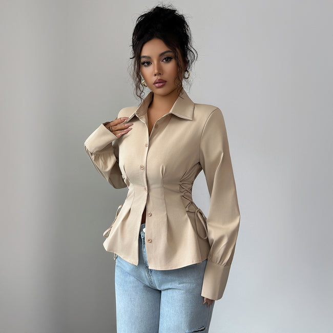 Womens Solid-Color Elegant Buttoned Waist-Cinched Shirt