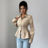 Womens Solid-Color Elegant Buttoned Waist-Cinched Shirt