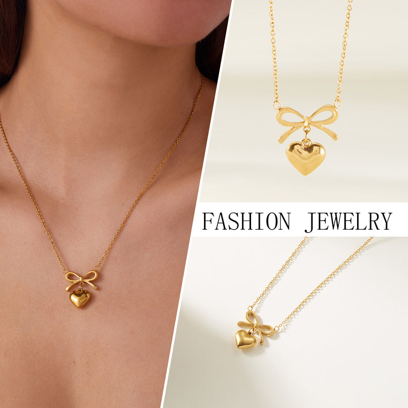 Stainless Steel  Love Heart Bowknot Shape Charm Chain Choker