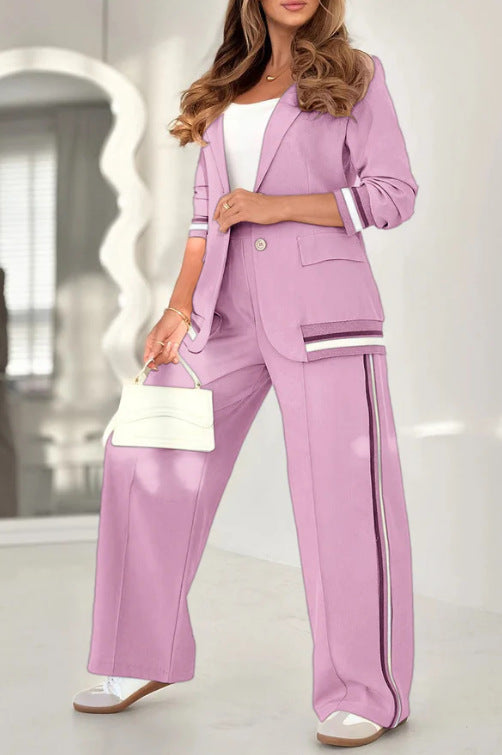 Women’s Lapel Collar Blazer & Wide Leg Pants Set – Elegant Long Sleeve Jacket High Waist Trousers 2 Piece Office Suit