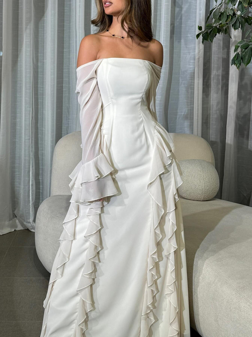 Off-the-shoulder Ruffled Long-sleeved Maxi Dress
