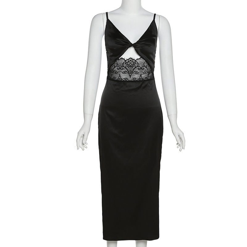 Sexy V-neck Dress With Backless Lace Stitching