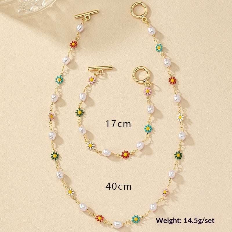Colorful Daisy Bracelet and Necklace Set for Women, Floral Jewelry Set, Cute Everyday Commuter Accessories