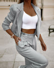 “Women’s Spring Striped Suit Set – Casual Lapel Cropped Top & Straight Pants Outfit”
