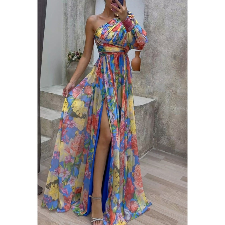 Floral Print One Shoulder Split Maxi Dress – Sexy Long Sleeve Summer Beach Vacation Dress for Womenn