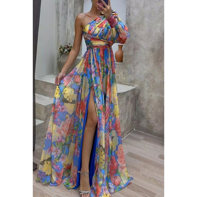 Floral Print One Shoulder Split Maxi Dress – Sexy Long Sleeve Summer Beach Vacation Dress for Womenn
