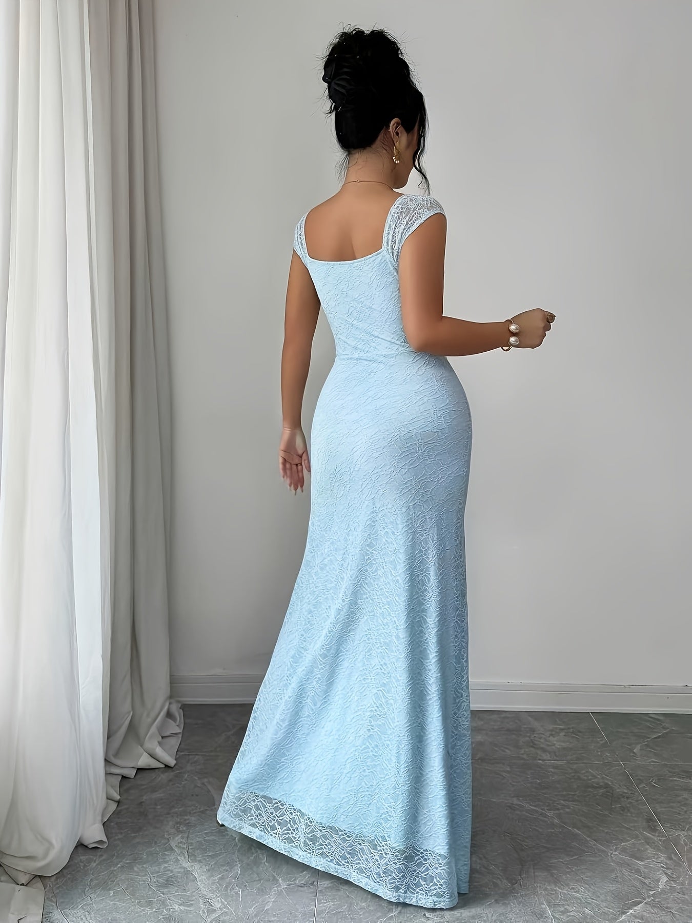 French Romantic Knitted Lace Dress, Elegant Slim Fit High Slit Summer Dress