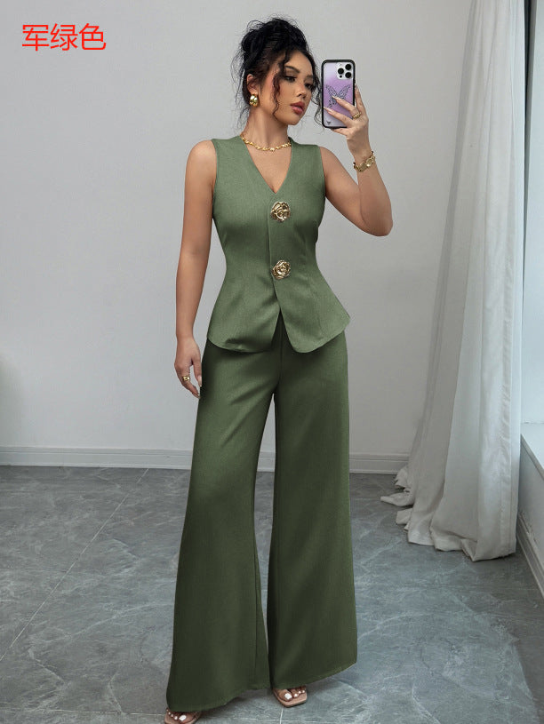 Women’s Summer 2-Piece Set – Simple Vest Top & Straight-Leg Pants Outfit