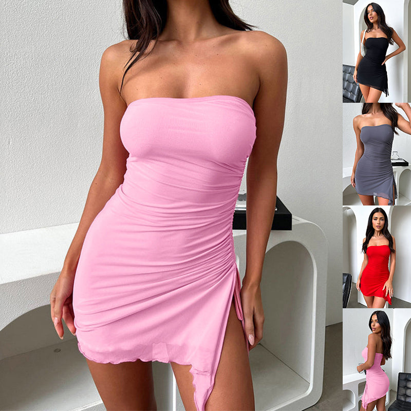 Y2K Tube Top Bodycon Dress – Backless Split Hem Summer Mini Dress