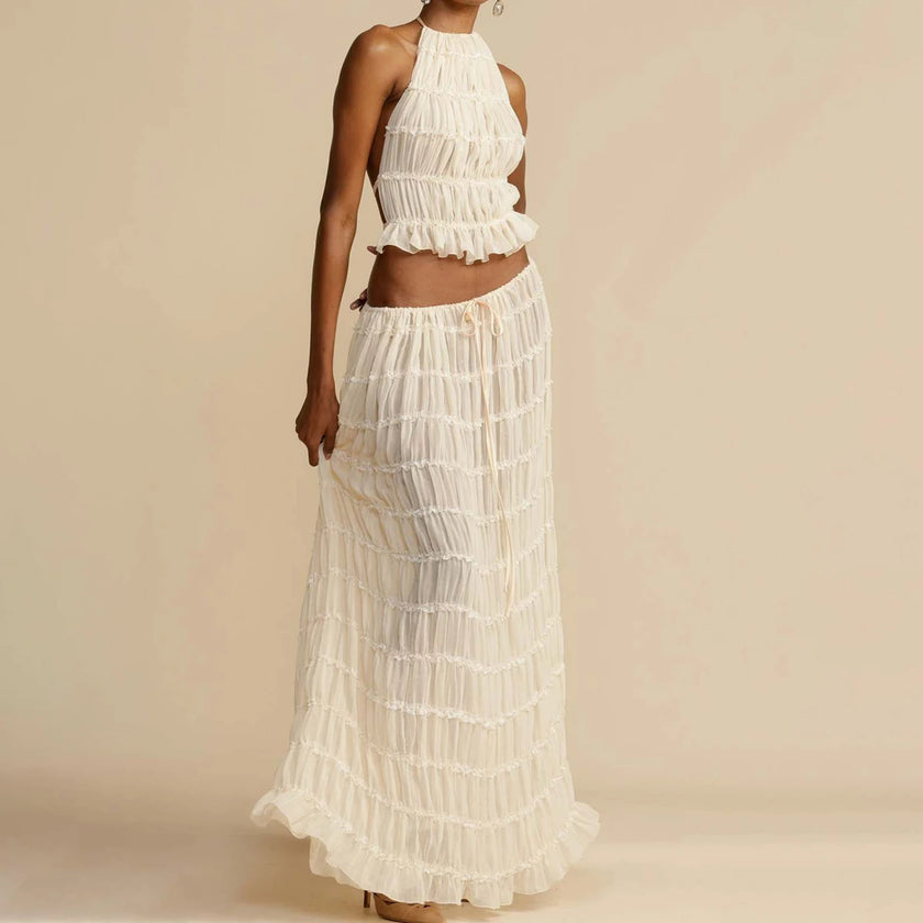 “2-Piece Women’s Summer Dress Set – Sexy Sleeveless Backless Cropped Halter Top & Pleated Long Skirt”