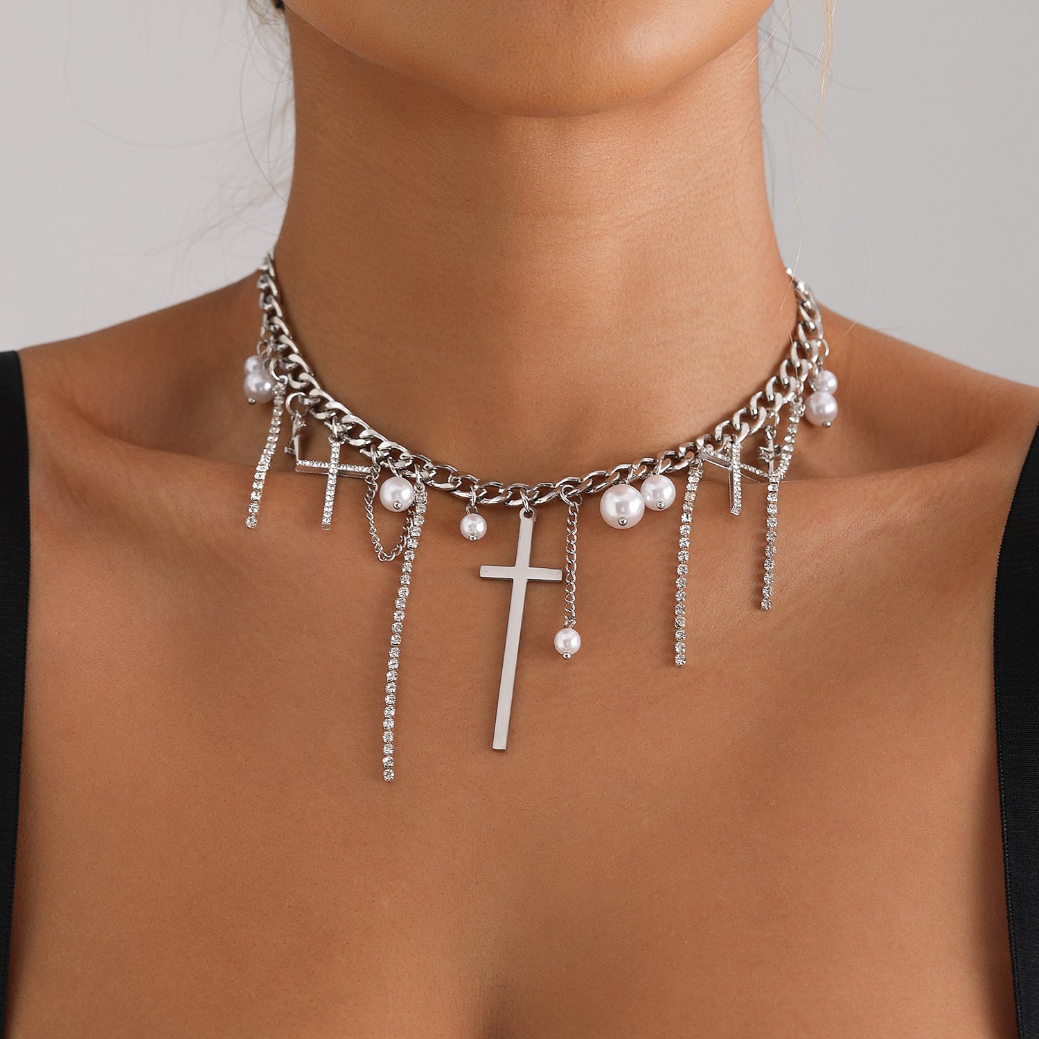Cross Tassel Pearl Collarbone Chain