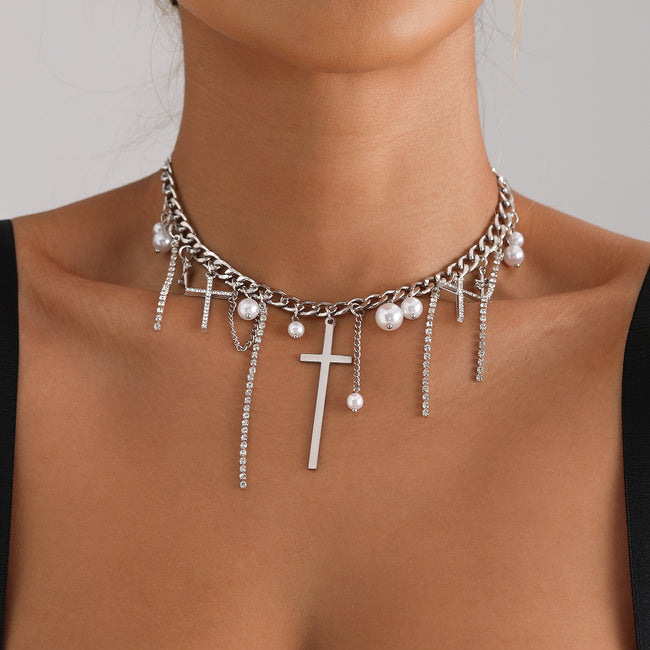 Cross Tassel Pearl Collarbone Chain