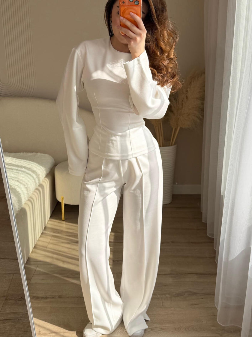 Chic Long Sleeve O-Neck Top and High Waist Pants Two Piece Set